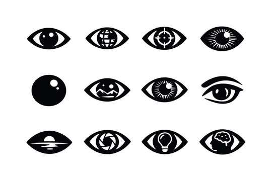 Eye Icons Grid. Eyes seeing the world. Solid icon set of Eyes seeing the world: human eye, globe eye, vision focus, iris detail, pupil close-up, eye