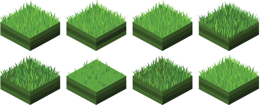 Isometric grass‑covered soil blocks illustration with varied textures, densities, and stylized layers, designed for modular terrain visualization in video games, landscaping, and environmental modelin