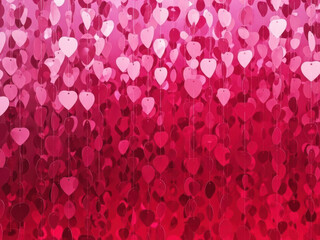 Obraz premium A vibrant gradient of pink and red heart shapes hanging from strings in various shades and sizes