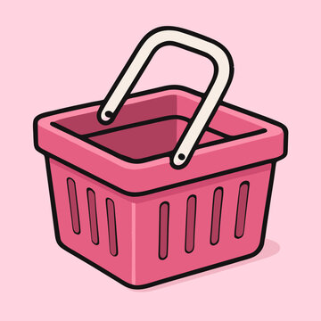 Pastel pink shopping basket vector illustration in a clean flat style, minimalist retail and ecommerce concept, modern market basket design isolated on a light background.