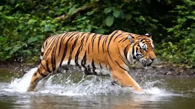 Tiger splashing in river, wildlife photography style. Bengal tiger action shot in natural habitat, environmental preservation concept.