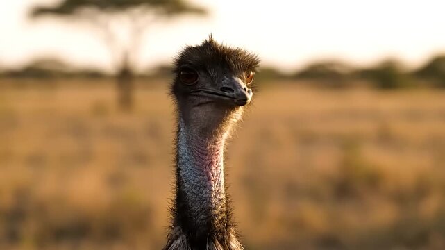 Close up of emu head with warm sunlight in a natural environment