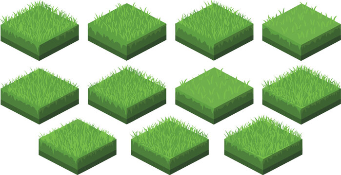 Isometric grassy terrain tiles in stylized cartoon design, featuring varied textures, densities, and patterns for modular video game environments and creative digital landscapes