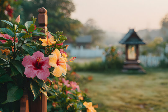 Colorful tropical flowers in a garden with a small shrine structure in the background, peaceful rural landscape and cultural setting with soft morning light