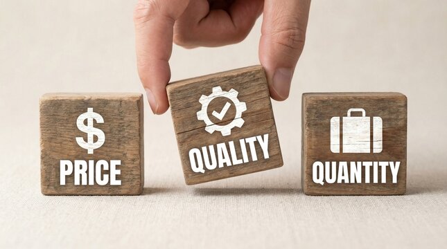 Hand lifting quality cube with gear check icon, comparing price and quantity options for purchasing decisions