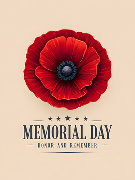 A beautifully rendered single red poppy flower centered on a light background with Memorial Day tribute text.