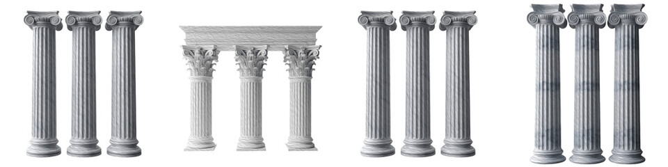 Set of classical Greek columns: Collection of white marble Corinthian and Ionic pillars isolated on white background for architecture, history, and law concepts.