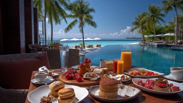 Breakfast table by infinity pool with ocean view under sunny skies