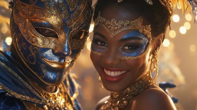 Elegant blue gold ornate masquerade mask on a man. Joyful woman with festive matching eye makeup, enjoying a vibrant carnival celebration, bright bokeh lights.
