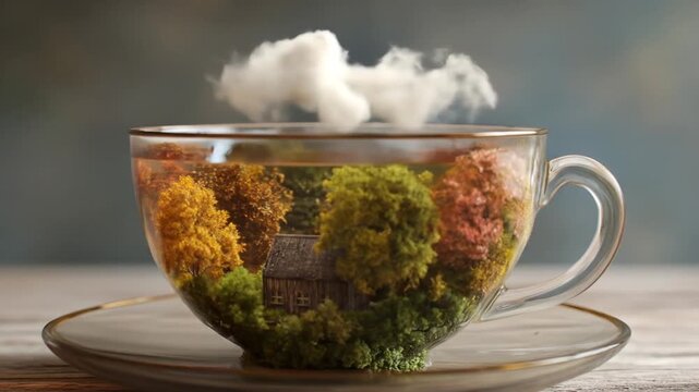 Autumnal forest scene inside a teacup with floating cream cloud