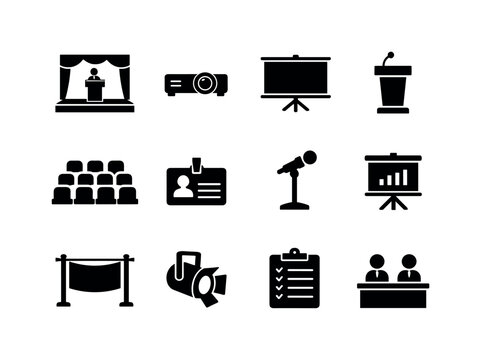 Conference Setup Icons. Conference Setup. Solid icon set of Conference Setup: lecture stage, projector, screen display, speaker podium, seating rows, name