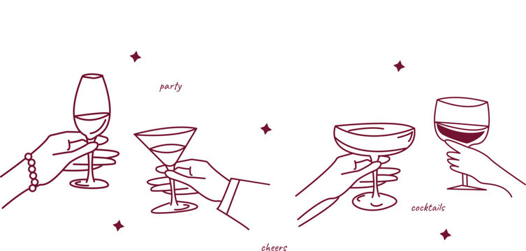 Line art illustration set of hands holding cocktail glasses, party and cheers concept, isolated vector objects on transparent background. Drink minimal set