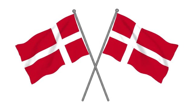 Two Danish flags waving on crossed poles with white background