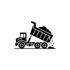 Fototapeta premium Black and white dump truck unloading dirt on a flat surface construction