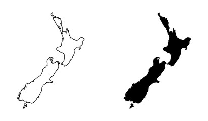 Stylized New Zealand Map Icon Set with Various Styles including Outline Contour and Flat Solid Silhouette. Vector Image. © Kagan Kaya