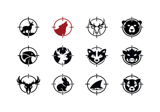 Ruthless hunters. Icon set. Set Logo of ruthless hunters: crosshair with prey. harmonious logo variations of the same emblematic concept,