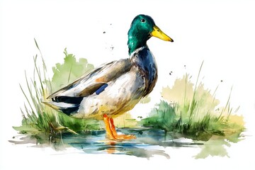 Fototapeta premium Stunning watercolor artwork of a male mallard duck on a grassy bank by the water s edge