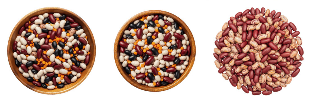 Set of assorted dry beans and legumes in wooden bowls, top view collection of kidney beans, black beans, and white beans isolated on white background.