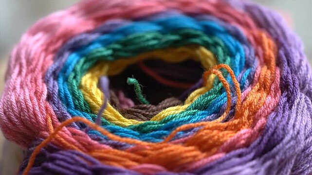 Close up of multicolored yarn skein vibrant texture studio lighting