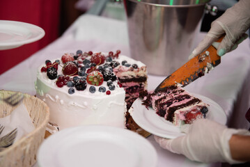 Nakładanie ciasta owocowego na talerzyk © Katarzyna