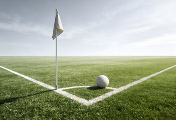 Fototapeta premium Soccer Ball On Green Field Corner With White Flag And Horizon football