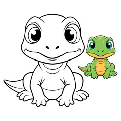 Fototapeta premium Cartoon Lizard Coloring Page – Cute Green Reptile with Yellow Belly, Blue Eyes, Smiling Face in Outline and Colored Version