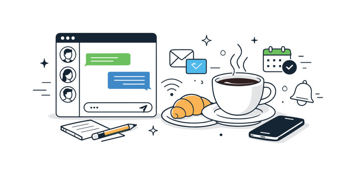 Always available culture. Team chat window open beside a meal or cup of coffee, with work icons subtly overlapping leisure items. Visual cue