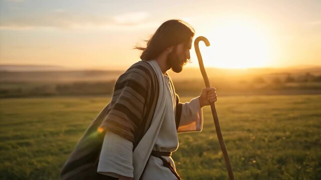 Man in ancient robes holding a staff and walking through a wheat field at sunset, depicting a religious journey story