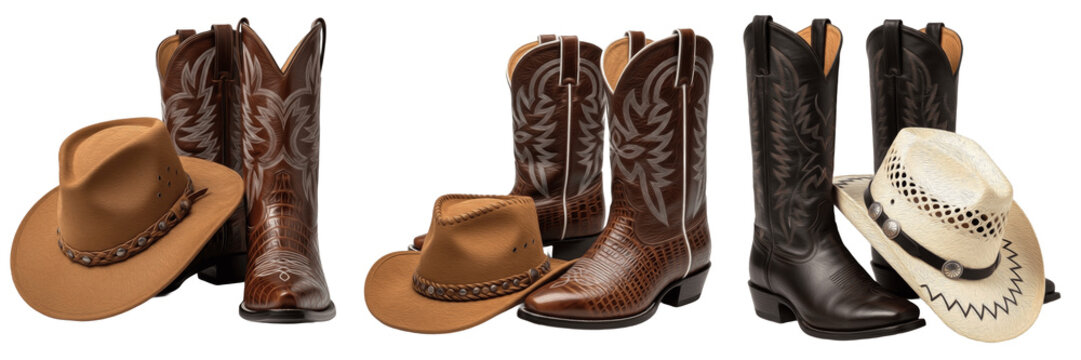 Collection of western cowboy gear sets, brown and black leather boots with decorative stitching and matching felt and straw hats, isolated on white.