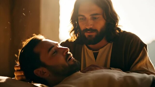Jesus Christ, a man with a beard, touching eyes of another man. Biblical scene of divine healing for religious and spiritual concept.