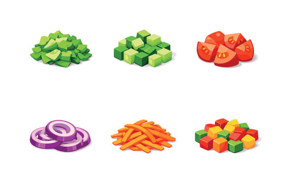 SaladPrep. Isometric flat vector icons set of SaladPrep: chopped lettuce, cucumber cubes, tomato chunks, red onion slices, carrot shavings,