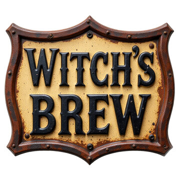 A wooden sign with the phrase 'witch's brew' written in bold letters, often found at craft fairs or magical shops