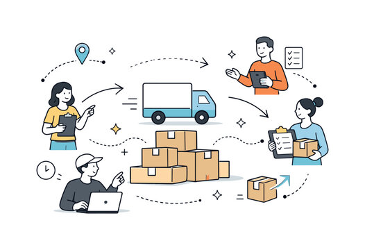 Logistics workflow. Team members coordinating shipments around stacked boxes and a delivery truck icon, calm collaboration and