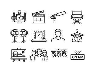 Film Set Icons. Film Set Production. Line icon set of Film Set Production: camera rig, clapperboard, boom mic, director chair, studio lights, dressing room © Влада Яковенко