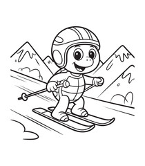Cute Cartoon Turtle Skiing Winter Line Art Illustration