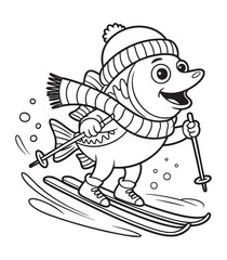 Cute Cartoon Dinosaur Skiing Winter Line Art Vector