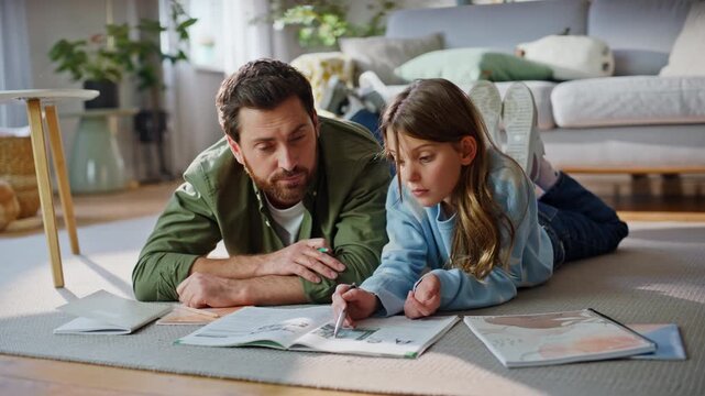 Confused father daughter studying home solve school problem together closeup. 