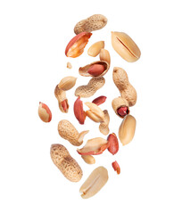 Dried crushed and whole peanuts levitating in the air close-up isolated on white background