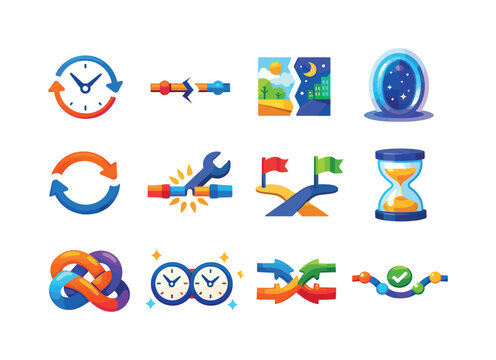 Time Paradox Icons Set. Time paradox resolution. Colorful flat vector icons set of time paradox resolution: looping clock, broken timeline, split reality, time