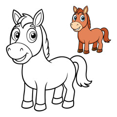 Obraz premium Cartoon Horse Coloring Page – Cute Brown Farm Animal with Light Mane, Blue Eyes, Smiling Face in Outline and Colored Version