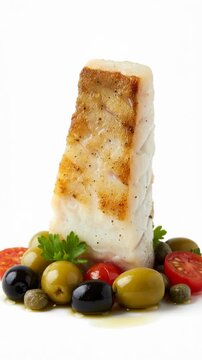 Grilled cod fish fillet with mixed olives cherry tomato capers and fresh parsley