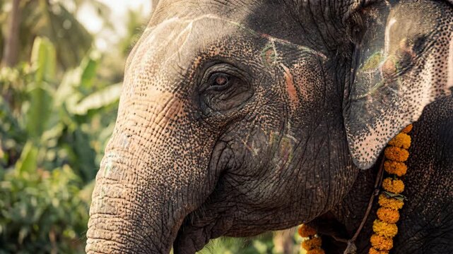 Majestic elephant turning head in close-up view adorned with vibrant marigold garlands amid tropical greenery. Sacred animal decoration concept for cultural festivals and wildlife rituals in asian