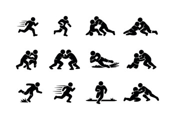 Obraz premium Open Field Tackle. Solid icon set of Open Field Tackle: sprinting defender, isolated runner, angle approach, diving hit, leg tackle, arm