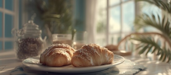 Croissants with Powdered Sugar and Coffee in Sunlit Breakfast Settin