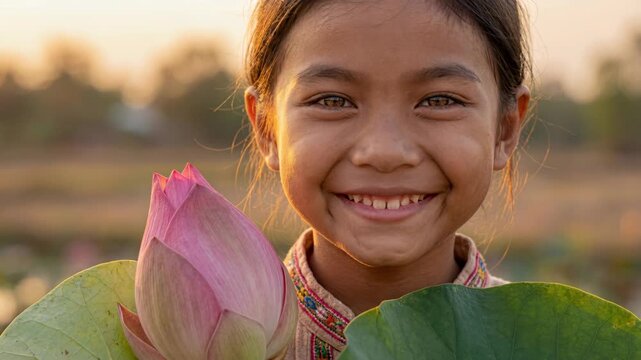 Young Asian girl smiling joyfully with pink lotus flower in hand. Child in traditional outfit by pond at sunset. Nature and happiness connection in serene setting.
