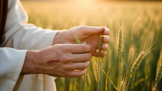 Jesus hands, scarred by stigamata, touch ripening wheat in a sunlit field. A religious concept of agriculture with biblical symbolism and references to nature.
