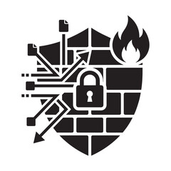 Cybersecurity shield with padlock and firewall blocking malicious data traffic vector