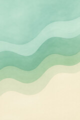 Abstract design features flowing, layered waves in calming shades of mint, seafoam, and warm cream. The gentle gradients and subtle paper-like texture create a serene, modern composition.