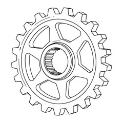 3d isometric gear mechanism outline technical drawing isolated on white background