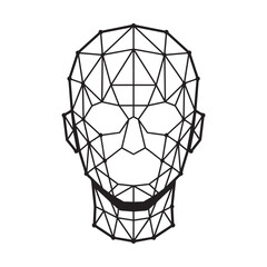 Wireframe human head structure outline representing digital identity and artificial intelligence